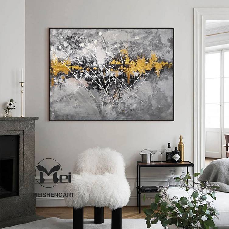 Black Original Gold Room Grey Abstract Canvas Wall Art 5XY05